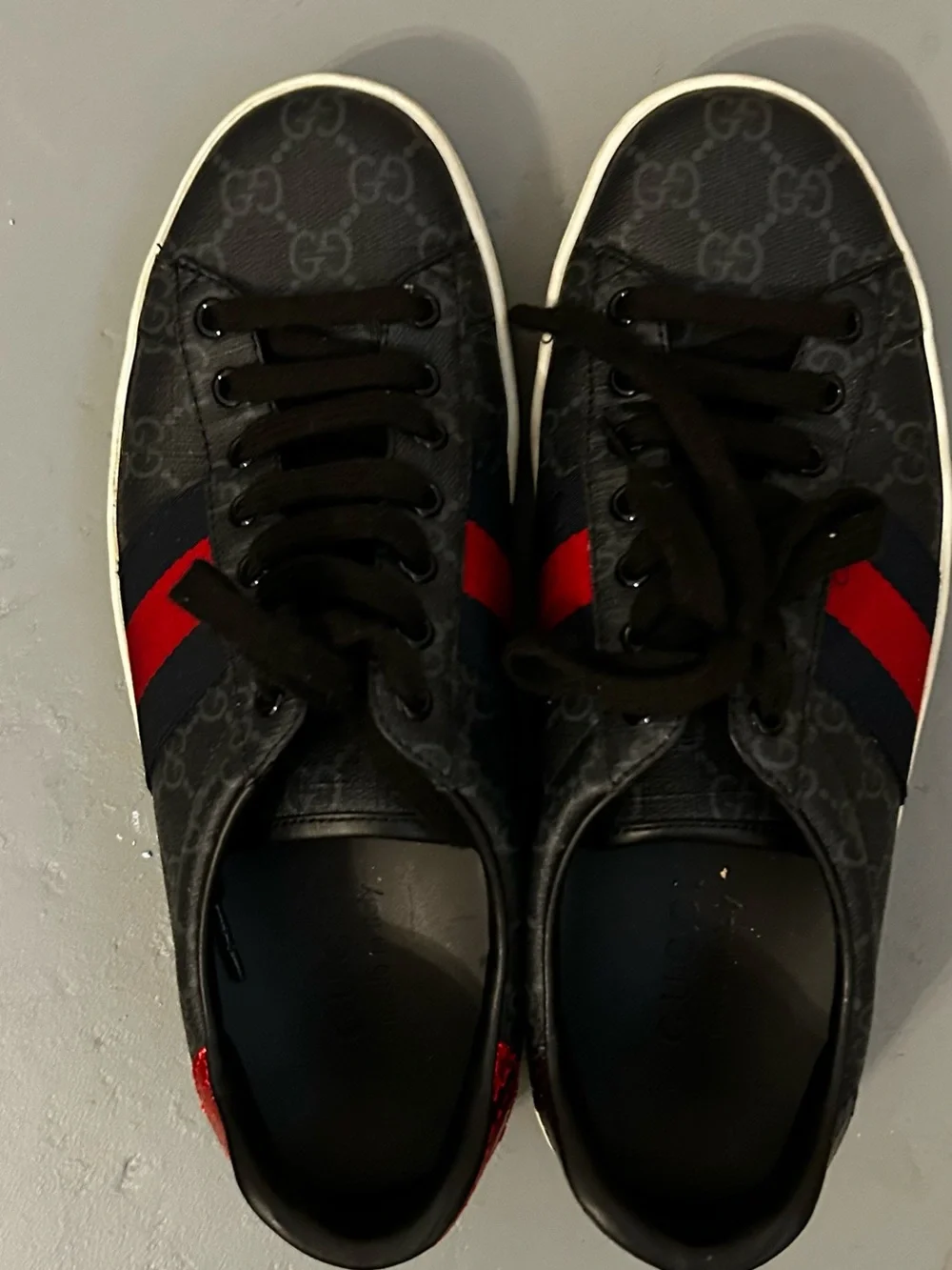 Gucci Men’s Black GG Canvas Low-Top Sneakers with Red and Blue Web